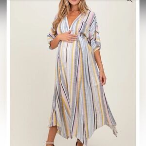 Multicolor Striped Handkerchief Hem Maternity Maxi Dress
